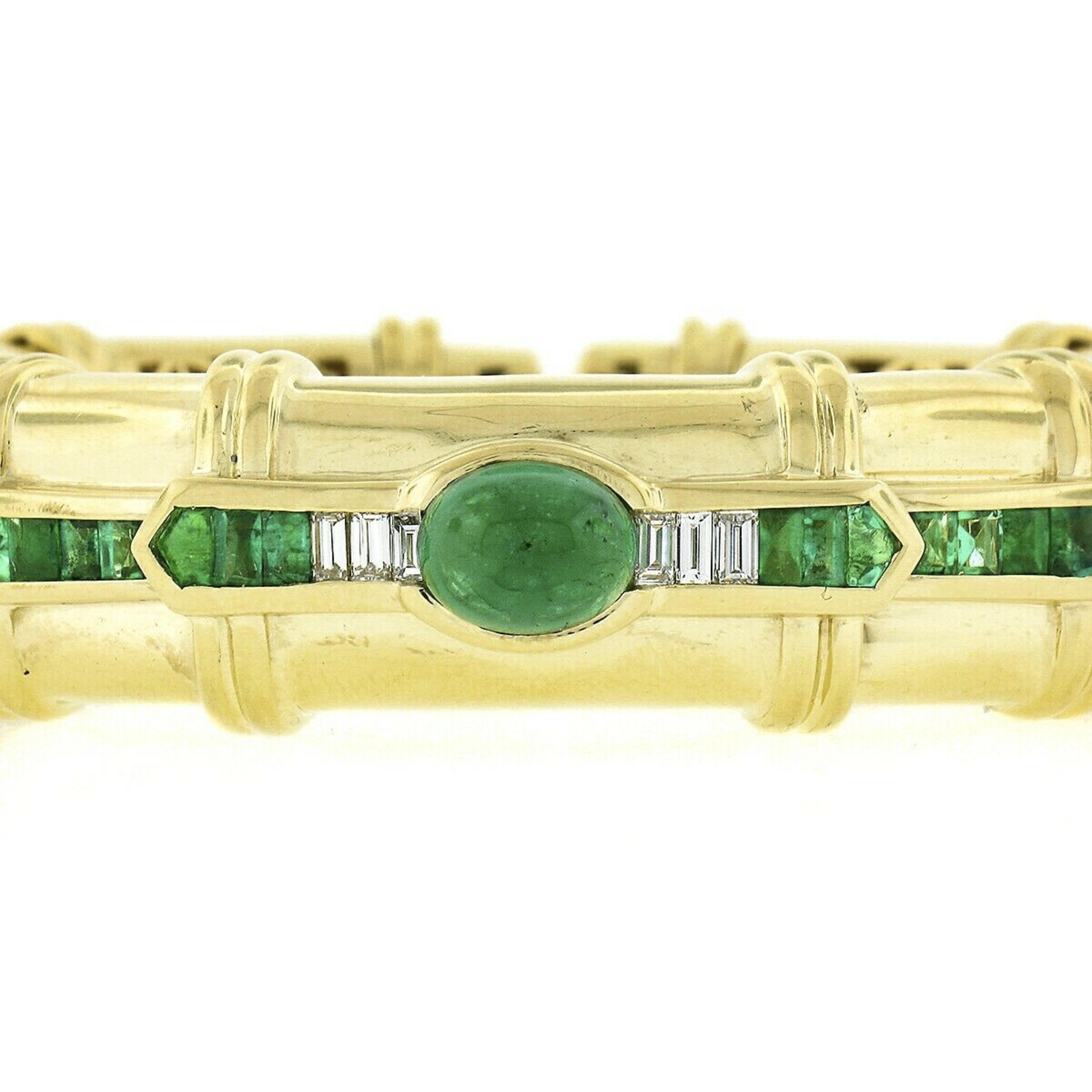 Here we have an absolutely magnificent and elegant emerald and diamond flexible cuff bracelet crafted in solid 18k yellow gold. This well made, bold bracelet is neatly bezel set with a GIA certified oval cabochon set emerald at its center. This