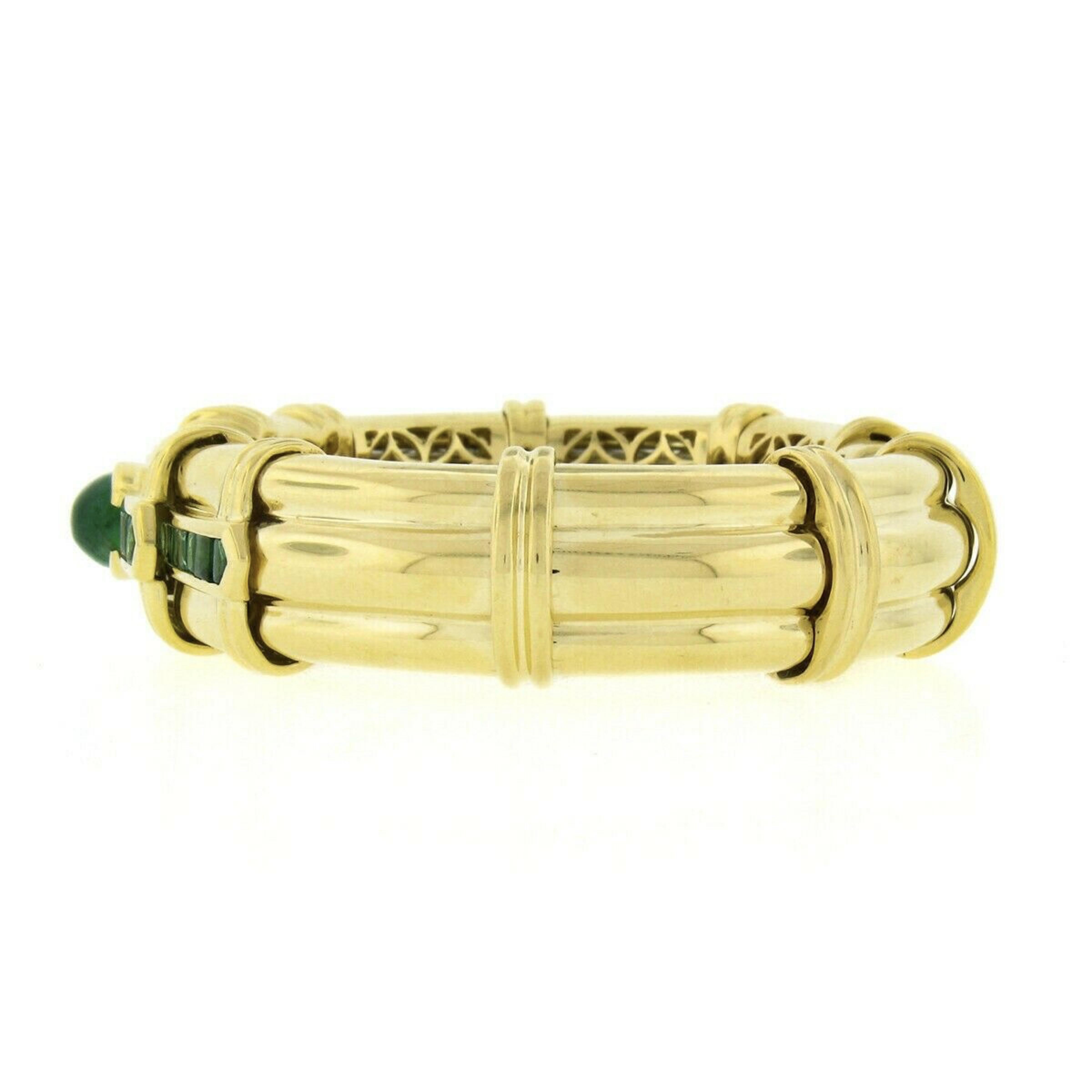 Oval Cut Vintage 18k Yellow Gold GIA Cabochon Emerald Diamond Flexible Wide Cuff Bracelet