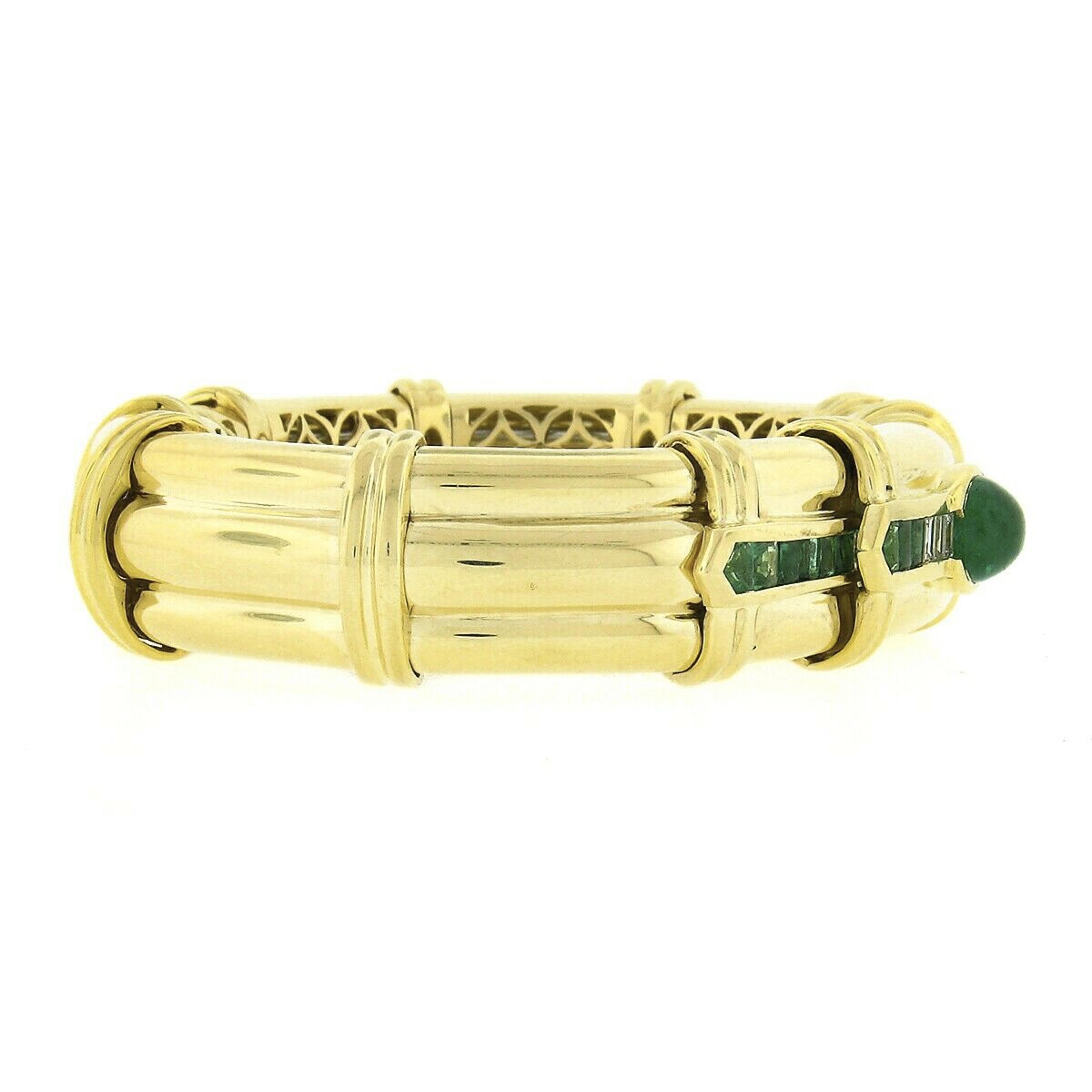 Vintage 18k Yellow Gold GIA Cabochon Emerald Diamond Flexible Wide Cuff Bracelet In Good Condition In Montclair, NJ
