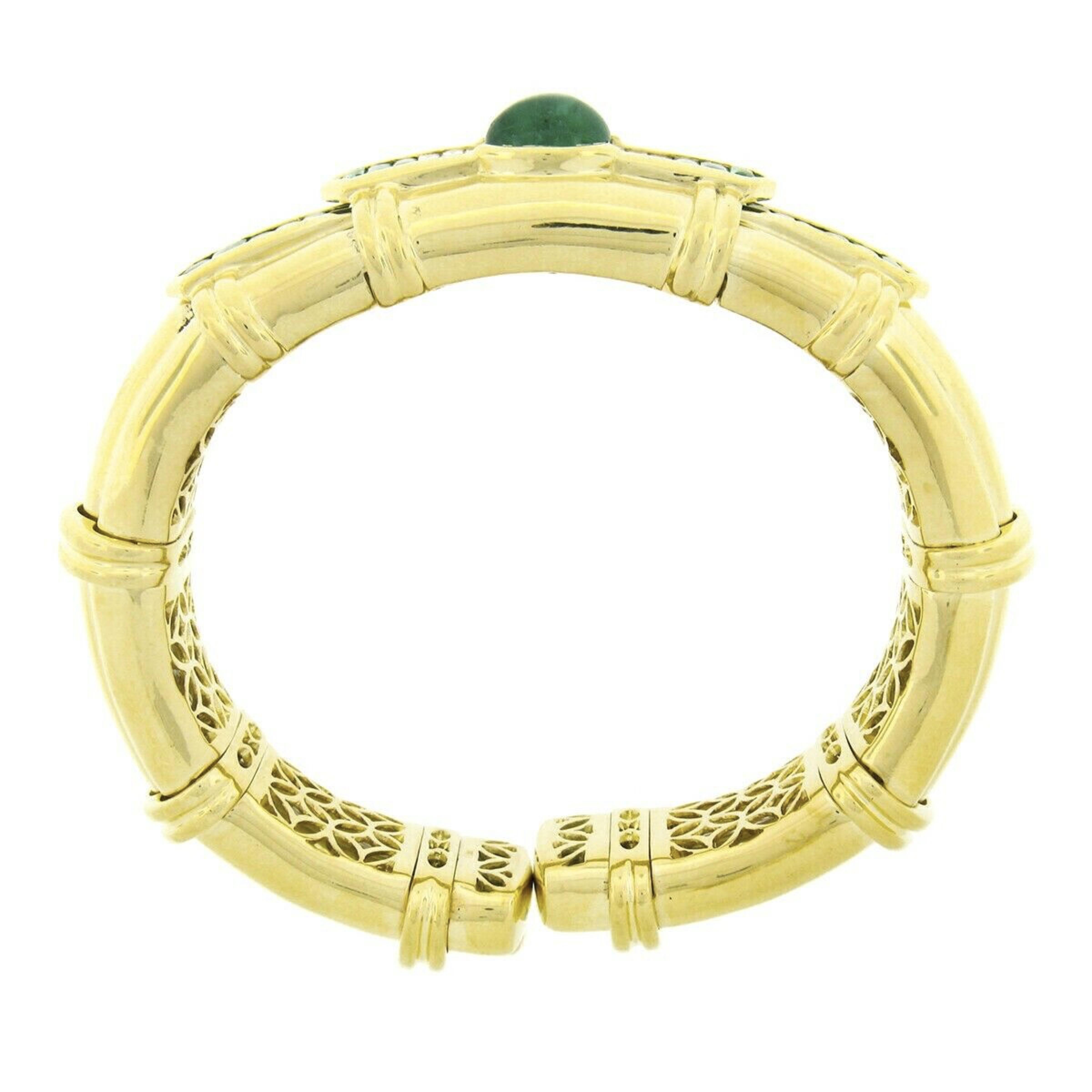 Women's or Men's Vintage 18k Yellow Gold GIA Cabochon Emerald Diamond Flexible Wide Cuff Bracelet