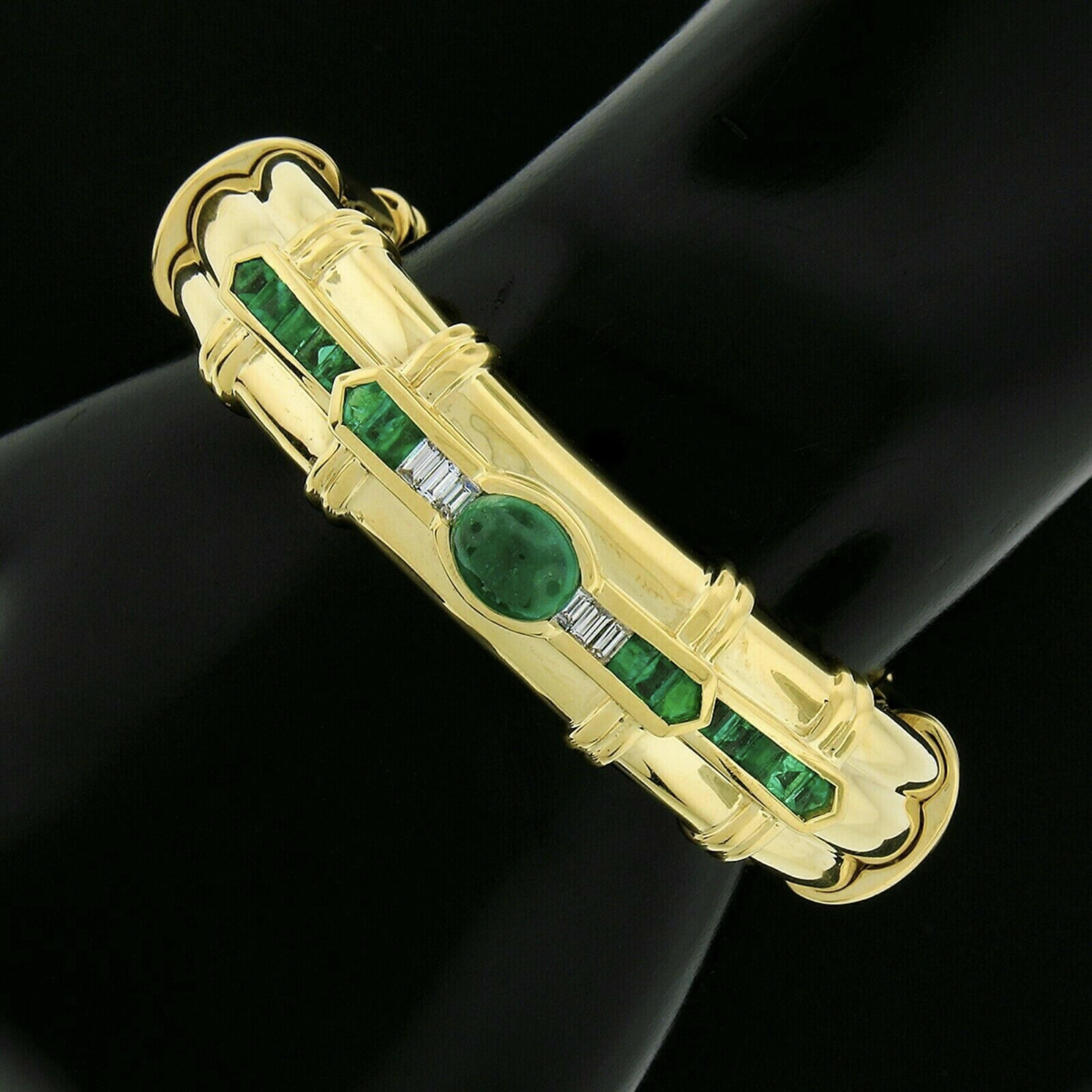 Vintage 18k Yellow Gold GIA Cabochon Emerald Diamond Flexible Wide Cuff Bracelet 1