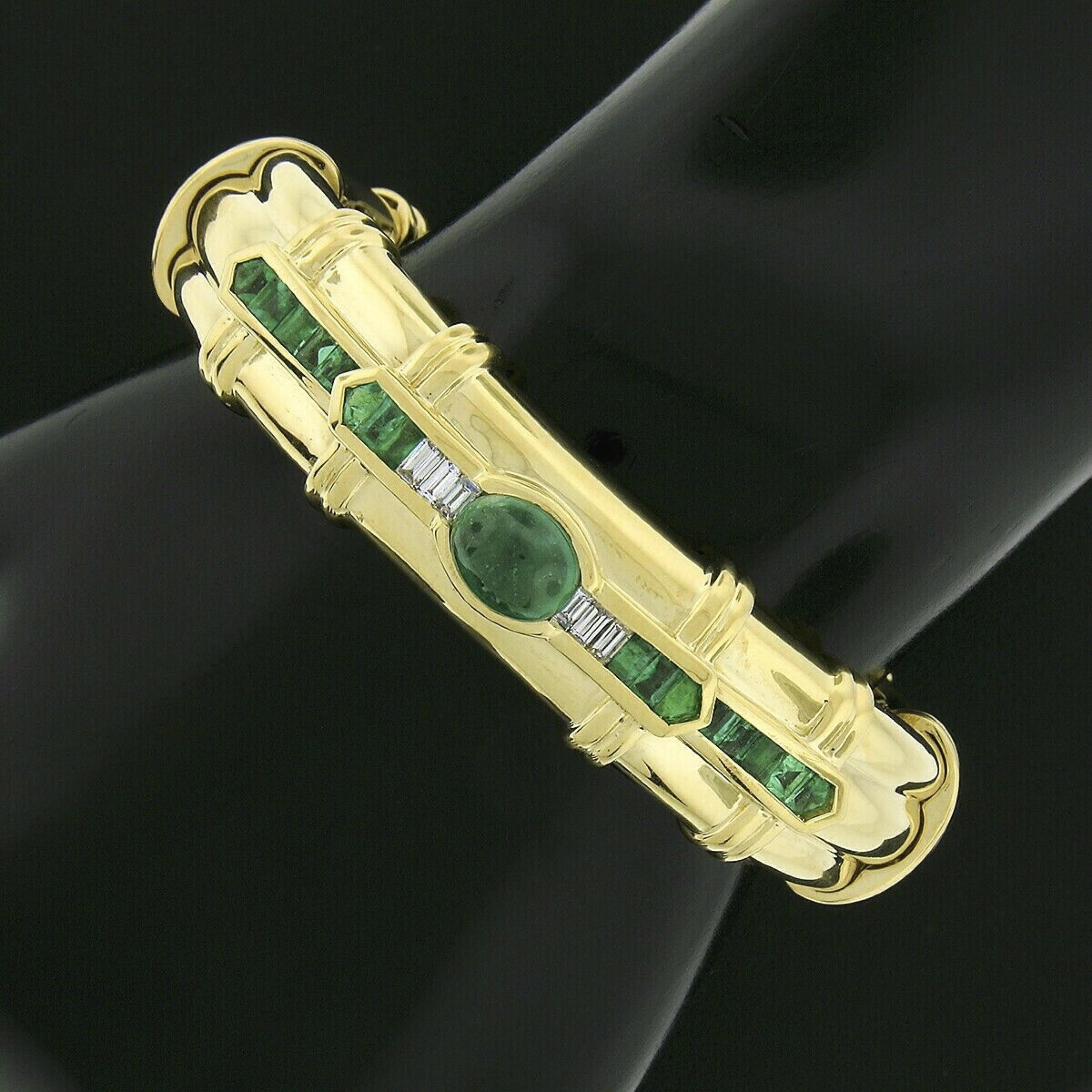 Vintage 18k Yellow Gold GIA Cabochon Emerald Diamond Flexible Wide Cuff Bracelet 2