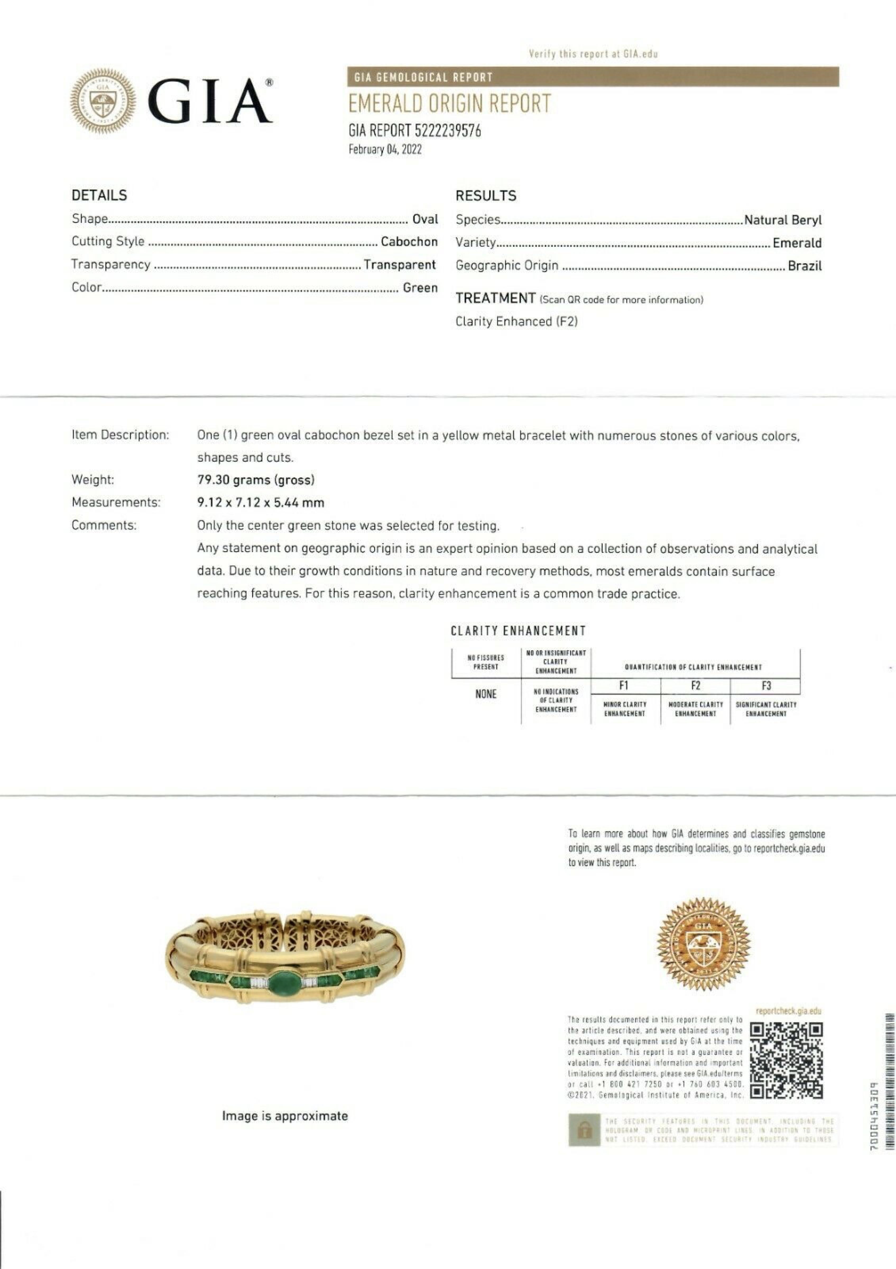 Vintage 18k Yellow Gold GIA Cabochon Emerald Diamond Flexible Wide Cuff Bracelet 4