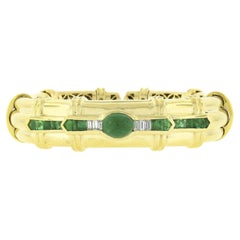 Vintage 18k Yellow Gold GIA Cabochon Emerald Diamond Flexible Wide Cuff Bracelet