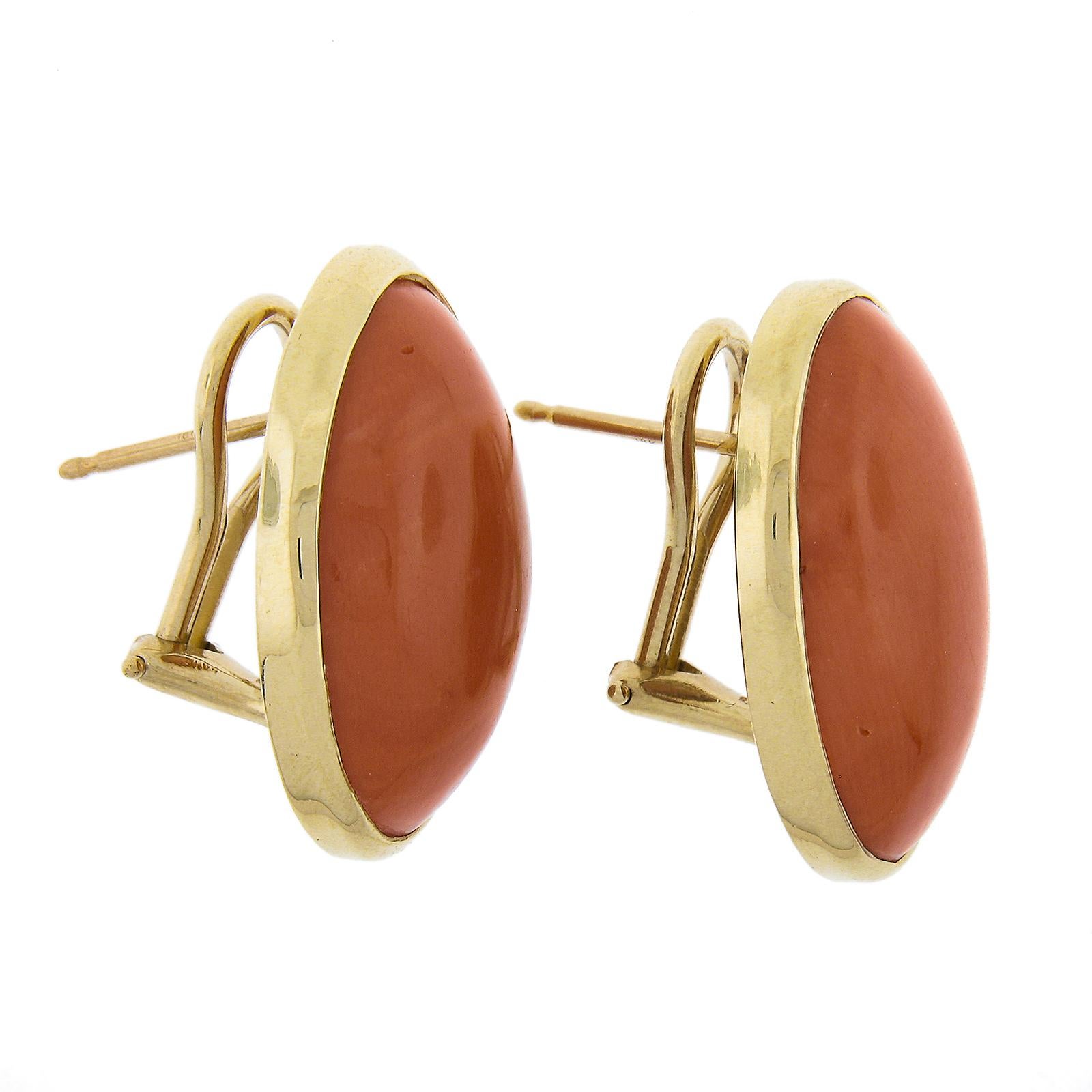 Women's Vintage 18k Yellow Gold GIA Graded 28.94ctw Oval Cabochon Coral Omega Earrings For Sale