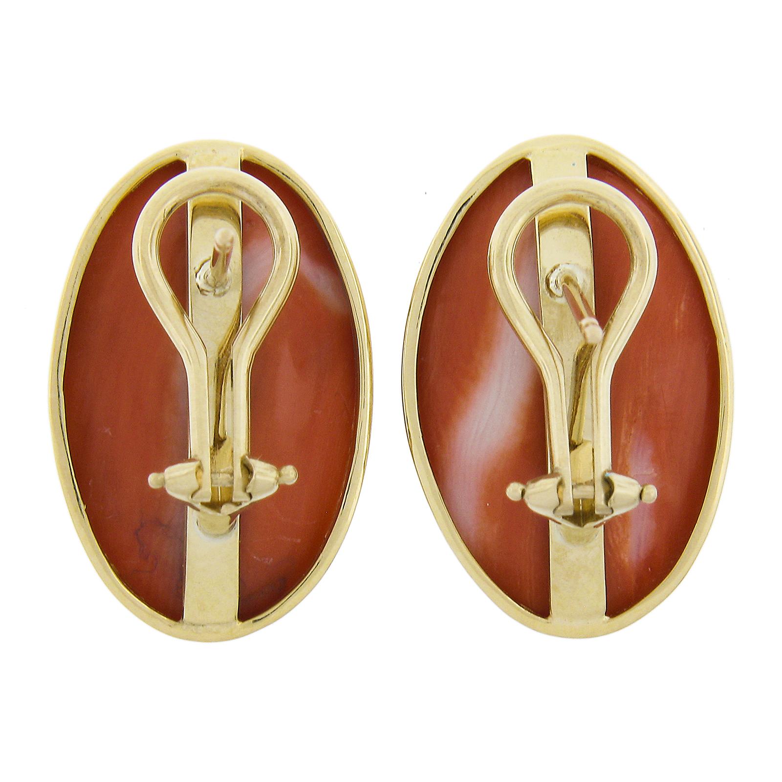 Vintage 18k Yellow Gold GIA Graded 28.94ctw Oval Cabochon Coral Omega Earrings For Sale 1