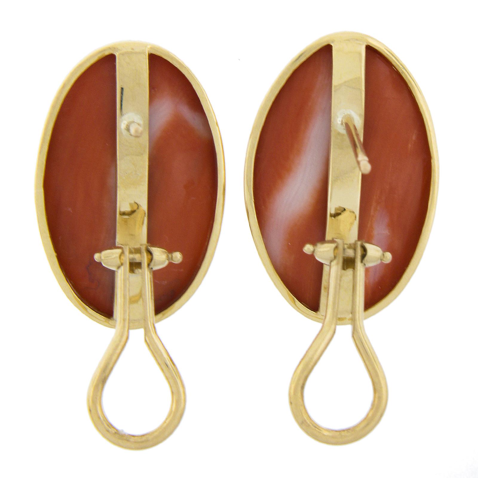 Vintage 18k Yellow Gold GIA Graded 28.94ctw Oval Cabochon Coral Omega Earrings For Sale 2
