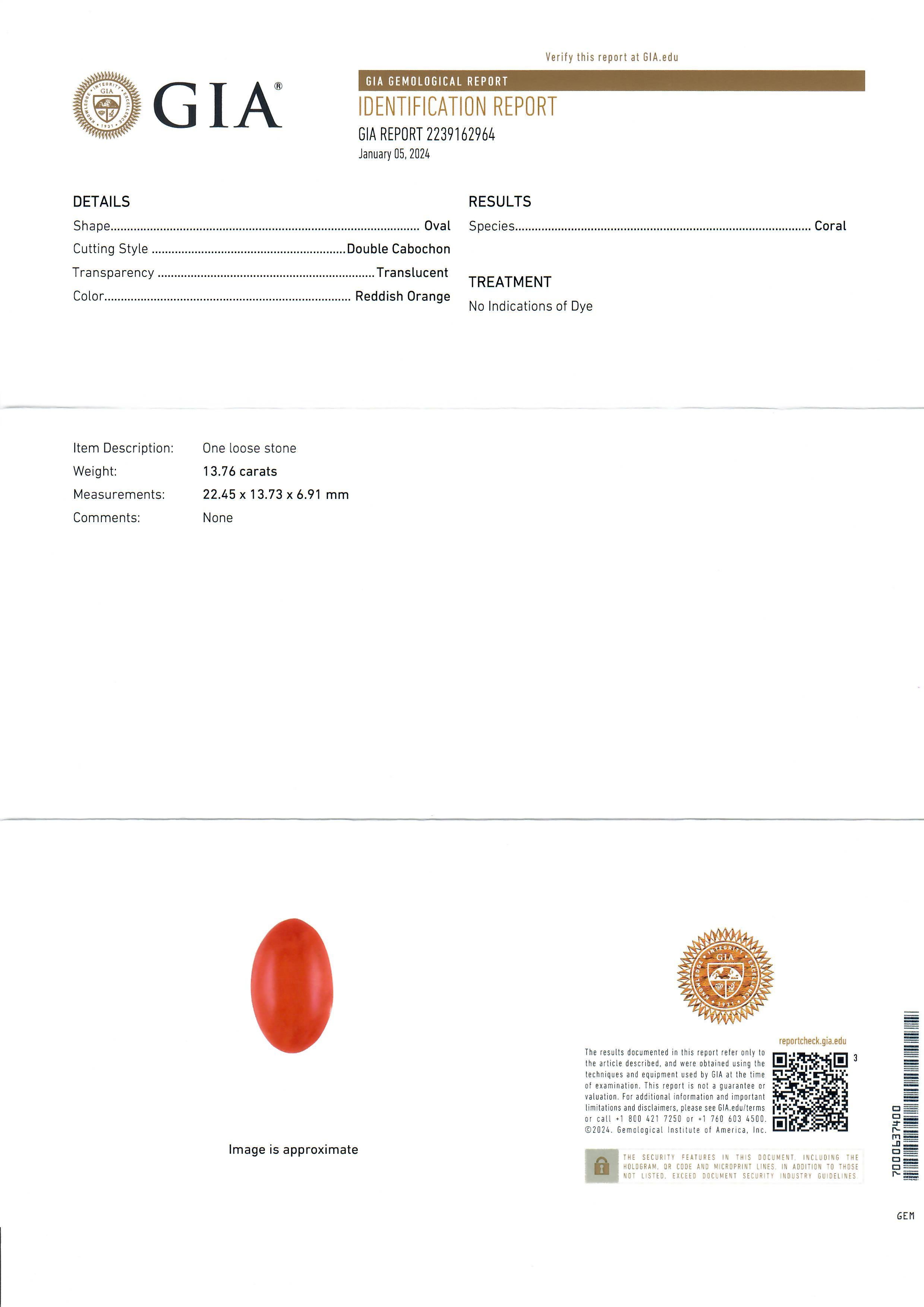 Vintage 18k Gelbgold GIA-zertifiziert 28.94ctw Oval Cabochon Koralle Omega-Ohrringe, Vintage im Angebot 4