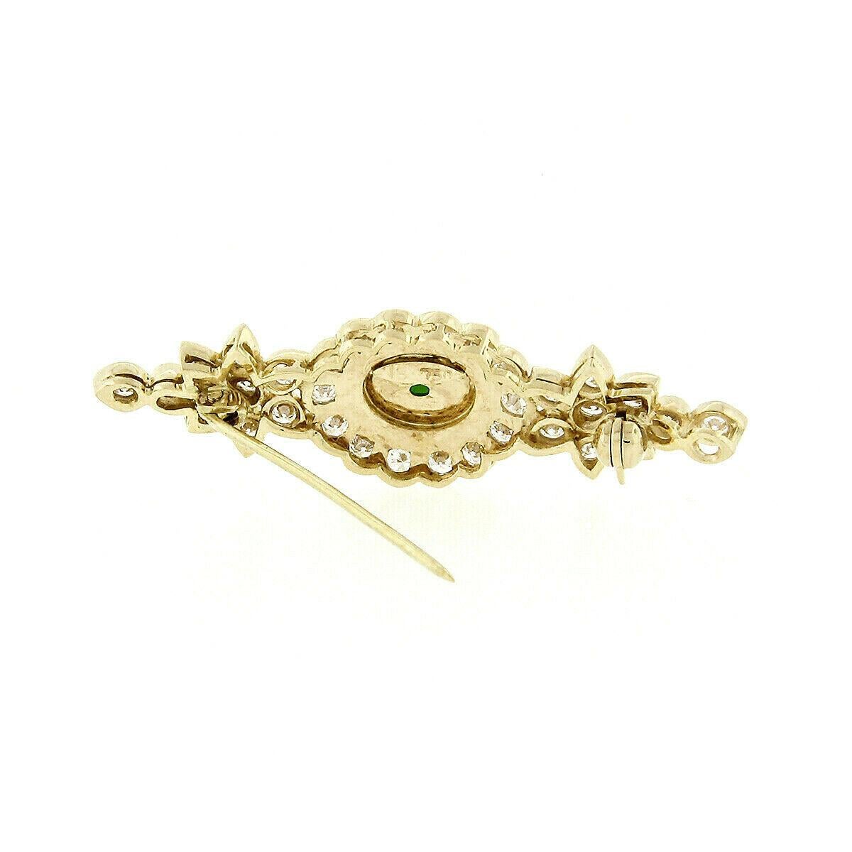 Vintage 18k Yellow Gold GIA Green Jade & 1.90ctw Round Diamond Flower Pin Brooch For Sale 1