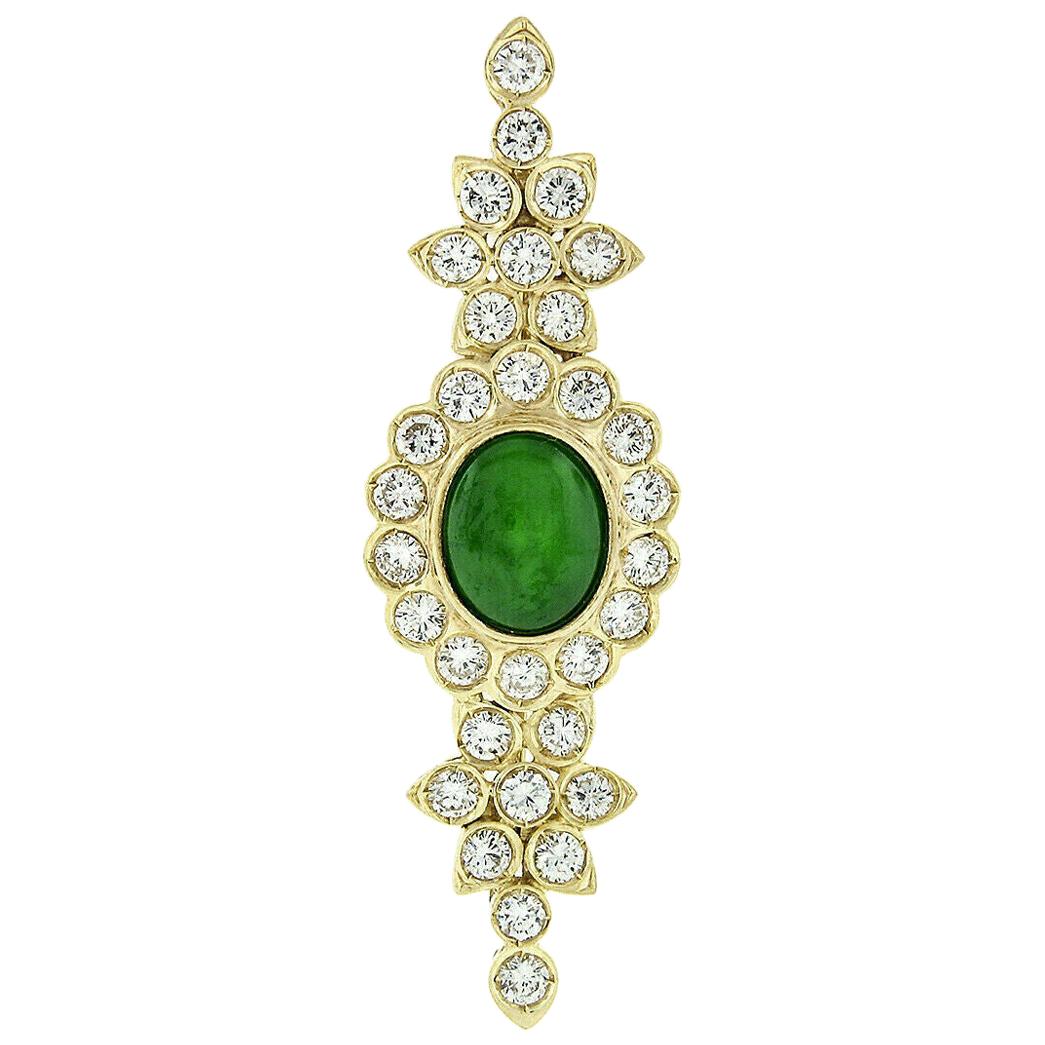 Broche fleur vintage en or jaune 18 carats, jade vert certifié GIA et diamant rond de 1,90 carat