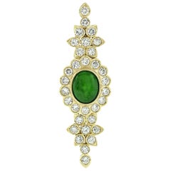 Vintage 18k Yellow Gold GIA Green Jade & 1.90ctw Round Diamond Flower Pin Brooch