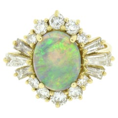 Vintage 18k Yellow Gold GIA Natural Gray Opal Round & Baguette Diamond Halo Ring