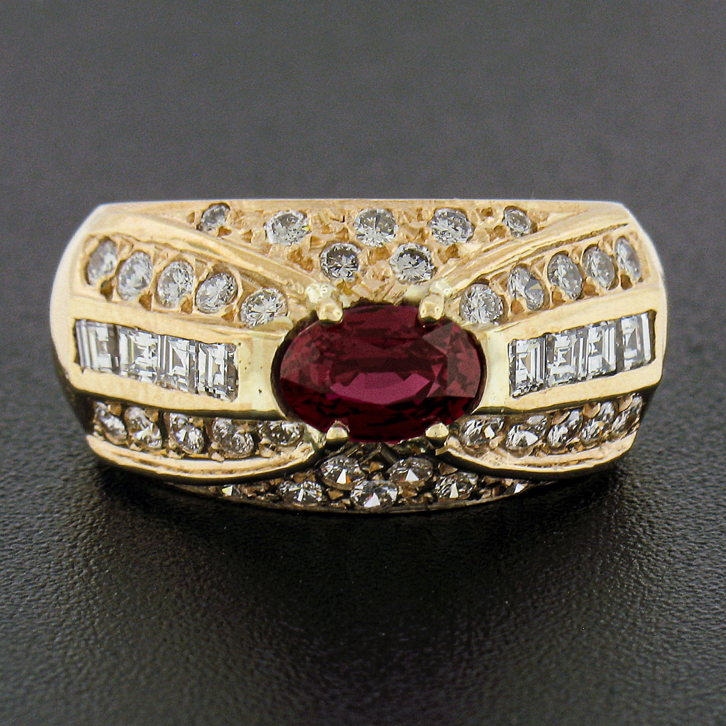 Oval Cut Vintage 18K Yellow Gold GIA Oval Red No Heat Ruby & Diamond Wide Cocktail Ring For Sale