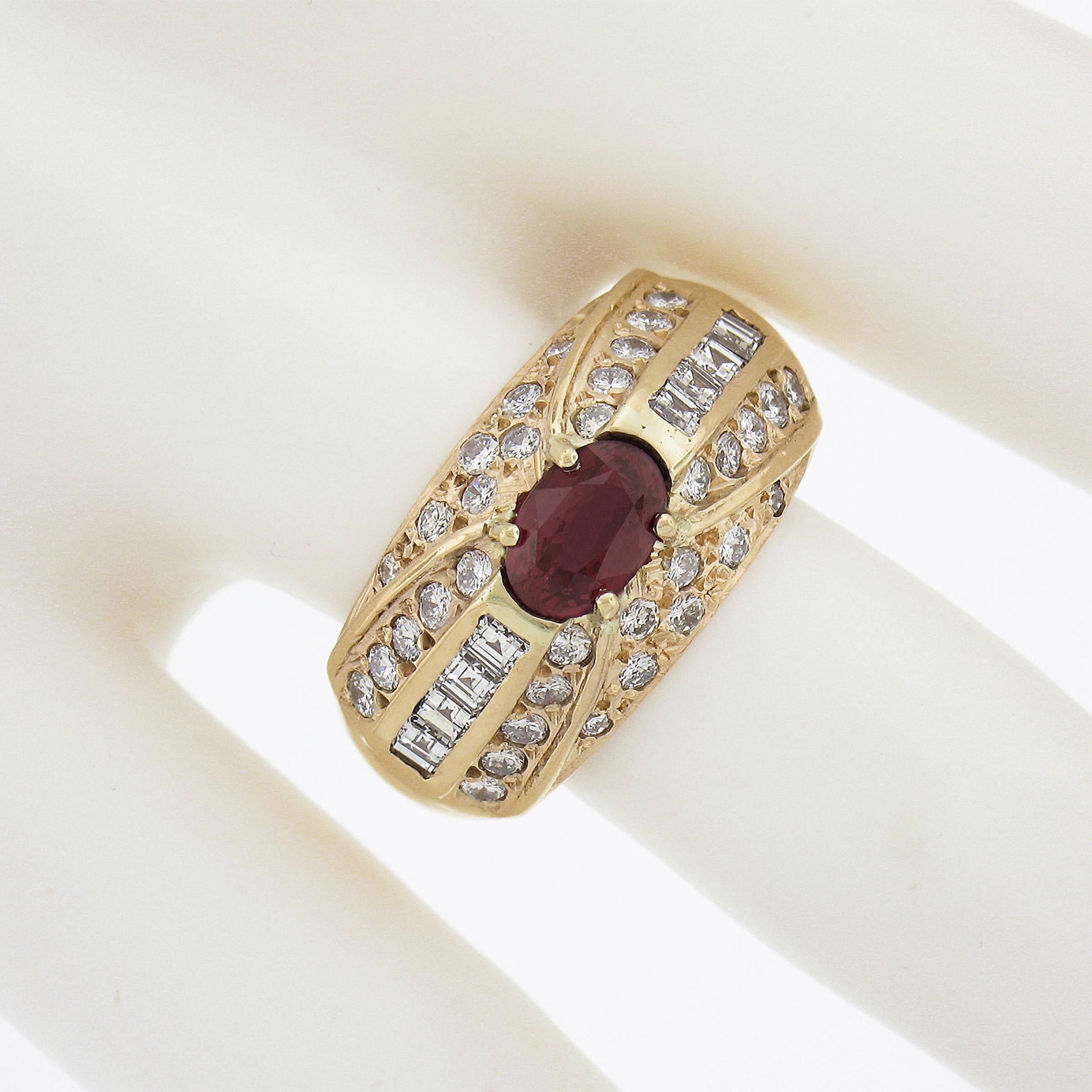 Vintage 18K Yellow Gold GIA Oval Red No Heat Ruby & Diamond Wide Cocktail Ring In Excellent Condition For Sale In Montclair, NJ