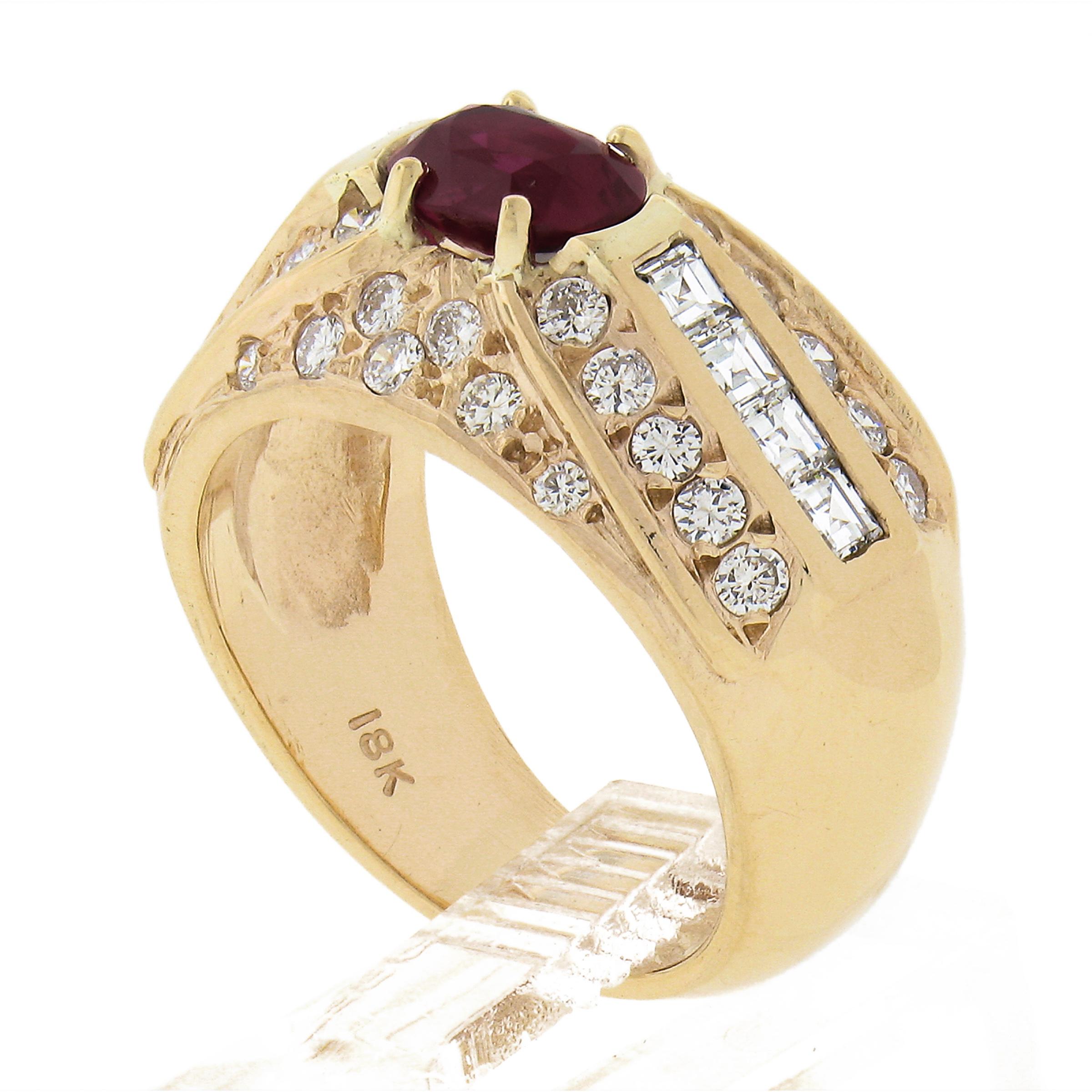Vintage 18K Yellow Gold GIA Oval Red No Heat Ruby & Diamond Wide Cocktail Ring For Sale 4
