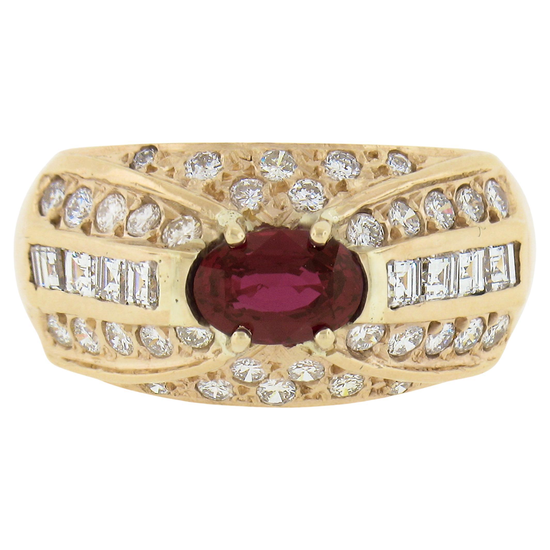 18 Karat Gelbgold GIA Oval Roter unbehandelter Rubin & Diamant breiter Cocktail-Ring