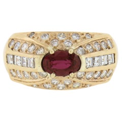 Vintage 18K Yellow Gold GIA Oval Red No Heat Ruby & Diamond Wide Cocktail Ring