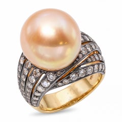 Vintage 18k Yellow Gold Golden South Sea Pearl & Diamond Ring