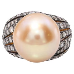 Vintage 18k Yellow Gold Golden South Sea Pearl & Diamond Ring