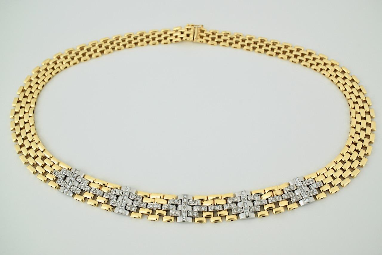 Brilliant Cut Vintage 18 Karat Yellow Gold Graduated Diamond Gate Link Necklace Collier
