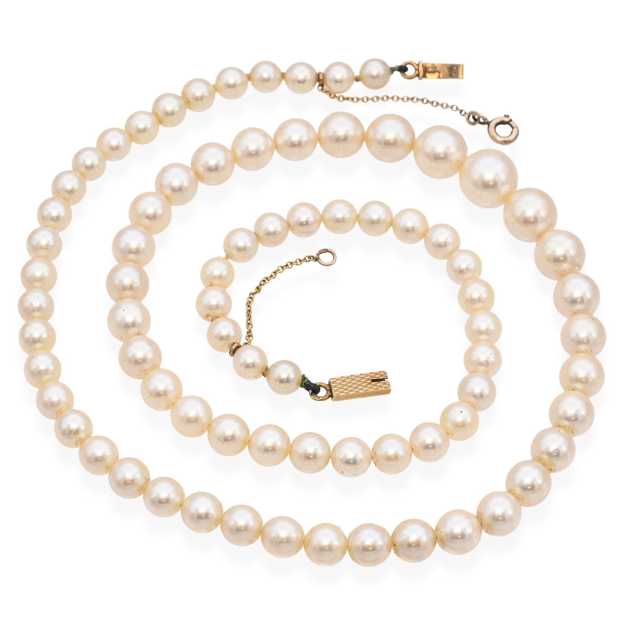 Vintage 18K Yellow Gold Graduated Pearl Beaded Strand Necklace In Good Condition For Sale In New York, NY
