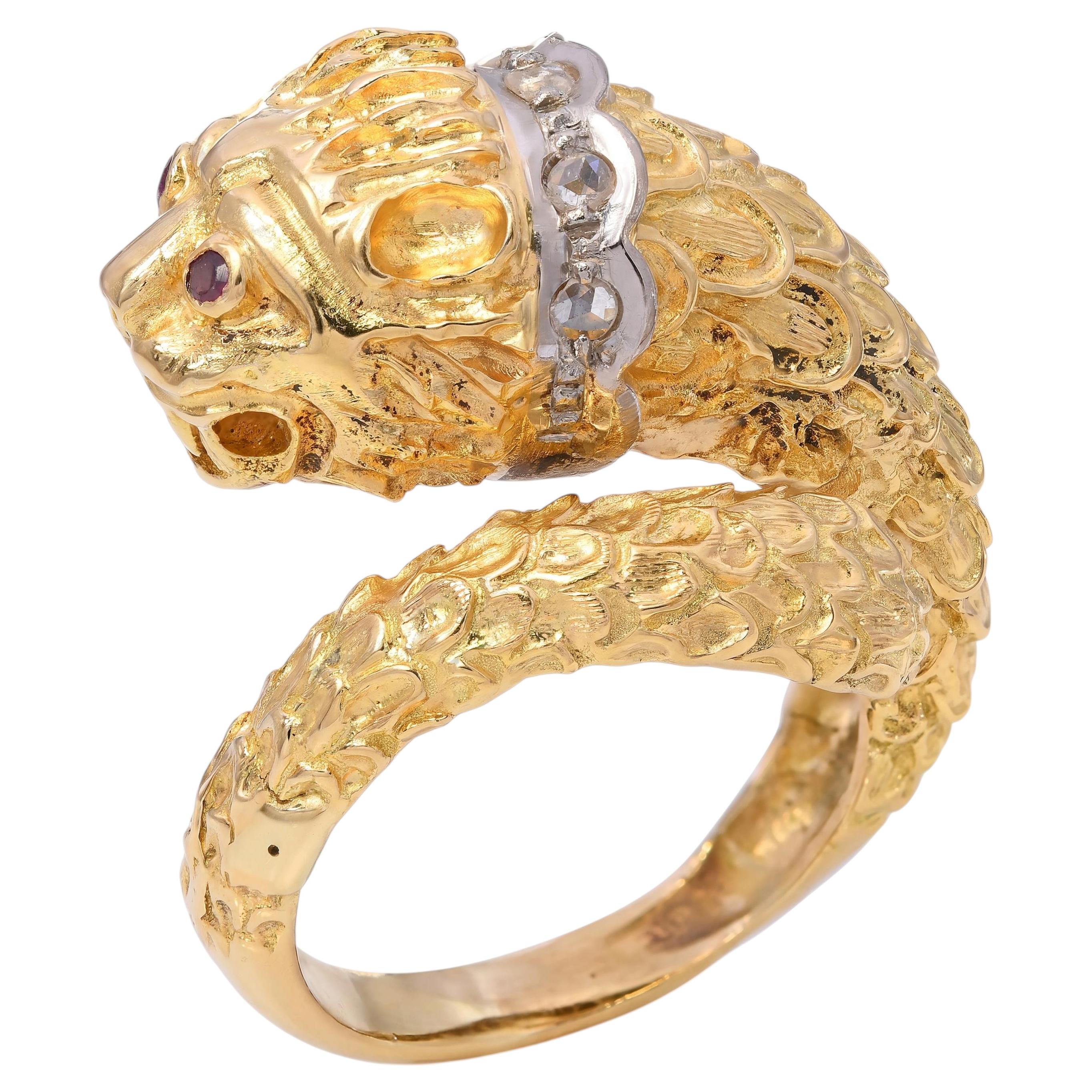 Vintage 18k Yellow Gold Greek Lion with Ruby Eyes and Diamond Collar Ring