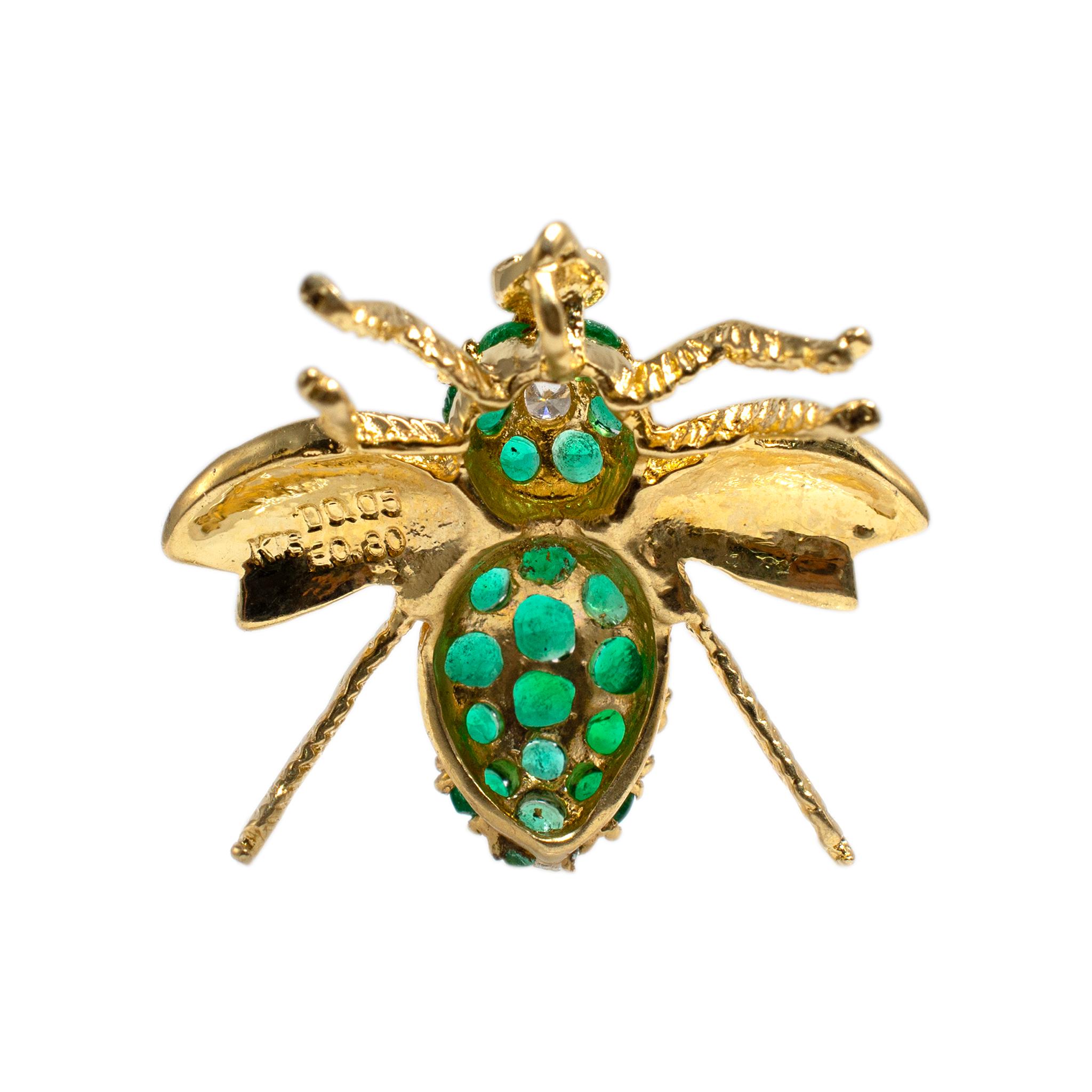 Colgante Abeja Diamante Esmeraldas Verdes Oro Amarillo 18K Vintage en Excelente estado para la venta en Houston, TX