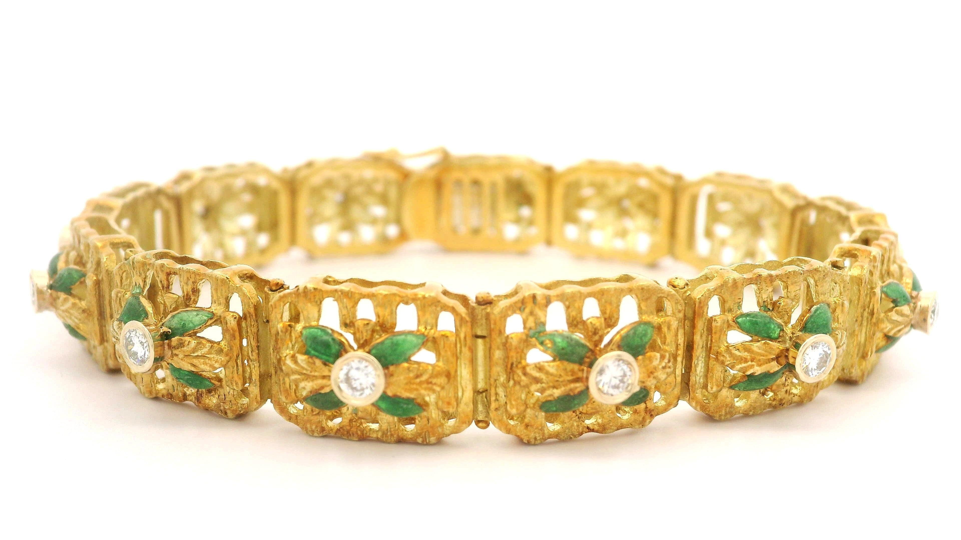 Brilliant Cut Vintage 18k Yellow Gold Green Enamel 0.78ctw Diamond Floral Open Work Bracelet For Sale