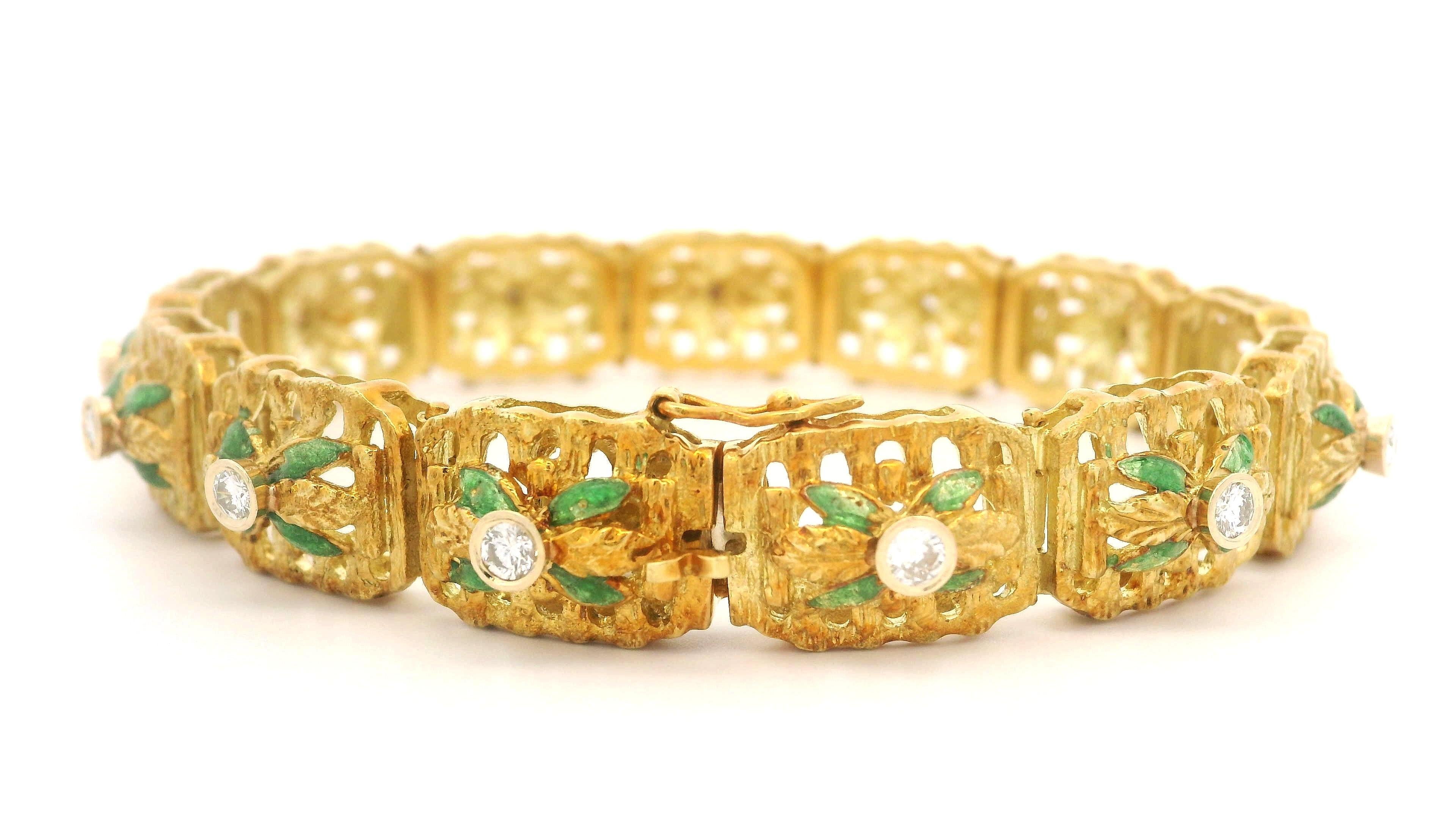 Women's Vintage 18k Yellow Gold Green Enamel 0.78ctw Diamond Floral Open Work Bracelet For Sale