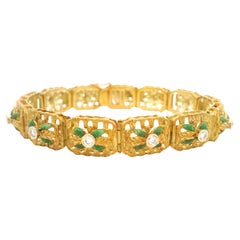 Vintage 18k Yellow Gold Green Enamel 0.78ctw Diamond Floral Open Work Bracelet