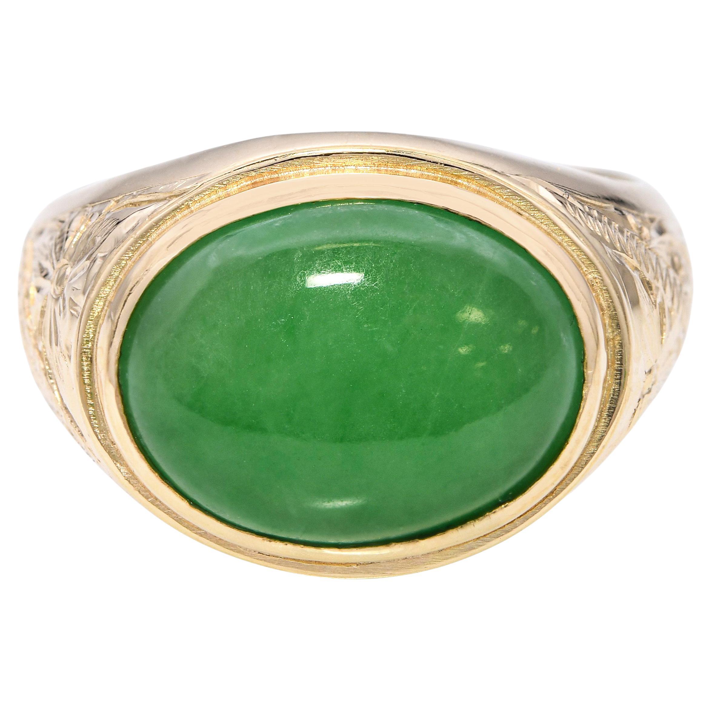 Bague vintage en or jaune 18k avec motif floral en jade vert