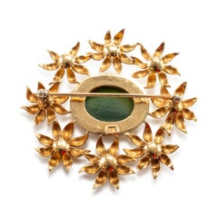 Vintage 18K Yellow Gold Green Nephrite Halo Pearls Floral Brooch