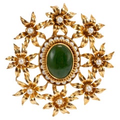 Vintage 18K Yellow Gold Green Nephrite Halo Pearls Floral Brooch