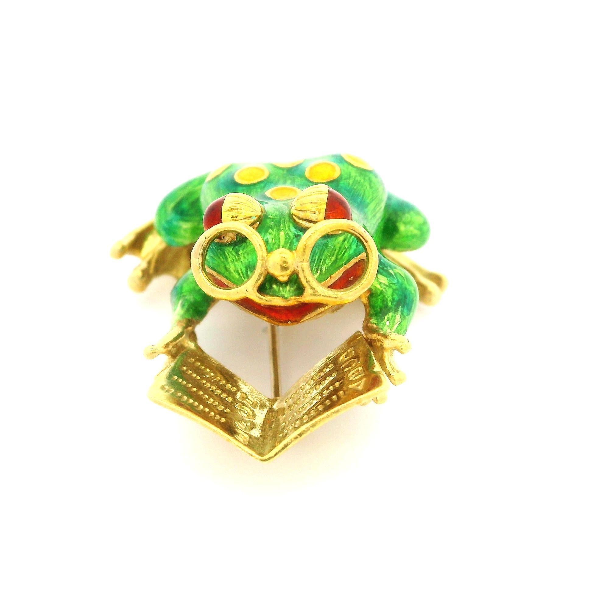 Spilla vintage in oro giallo 18k Greene & Greene Spot smaltata con rana da lettura in vendita 7