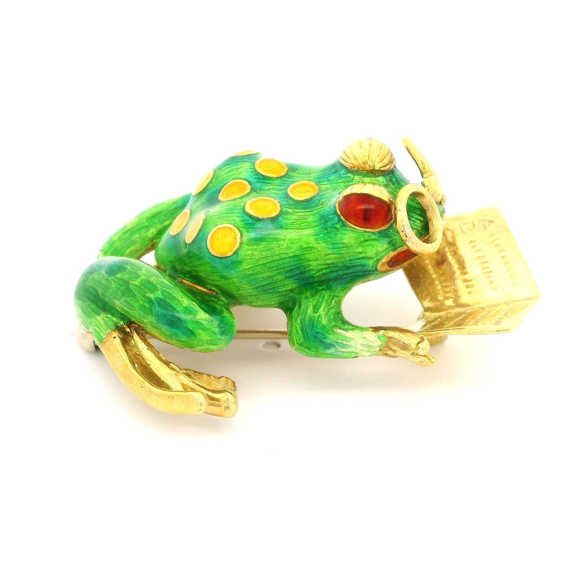 Spilla vintage in oro giallo 18k Greene & Greene Spot smaltata con rana da lettura in vendita 9