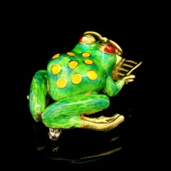 Vintage 18k Yellow Gold Green Yellow Spots Enameled Reading Frog Pin Brooch