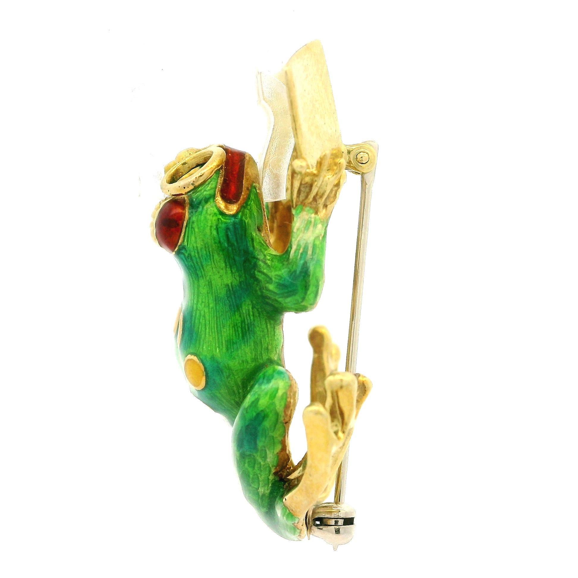 Spilla vintage in oro giallo 18k Greene & Greene Spot smaltata con rana da lettura in vendita 3