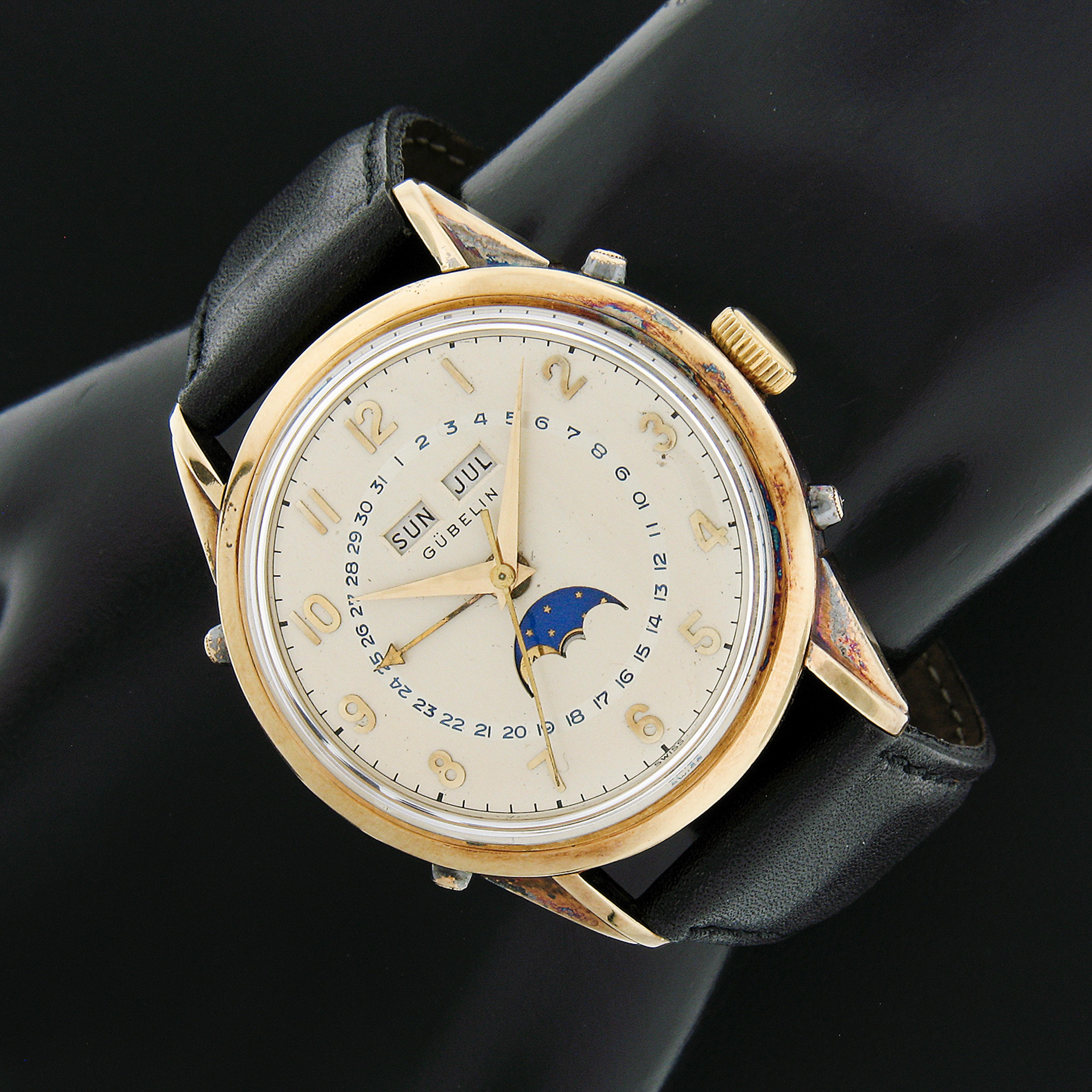 Vintage 18k Yellow Gold Gubelin Automatic Triple Calendar Moon Phase Wrist Watch 1
