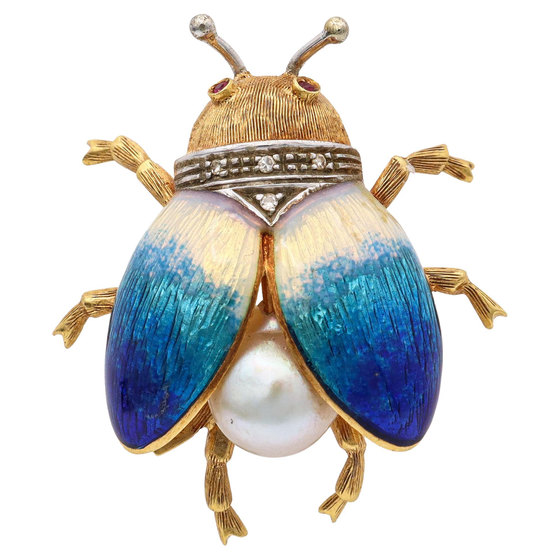 Vintage 18k Yellow Gold Guilloche Enamel Pearl Diamond and Ruby Beetle Brooch