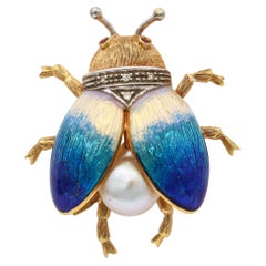 Vintage 18k Yellow Gold Guilloche Enamel Pearl Diamond and Ruby Beetle Brooch