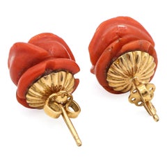 Vintage 18k Yellow Gold Hand Carved Coral Rose Stud Earrings