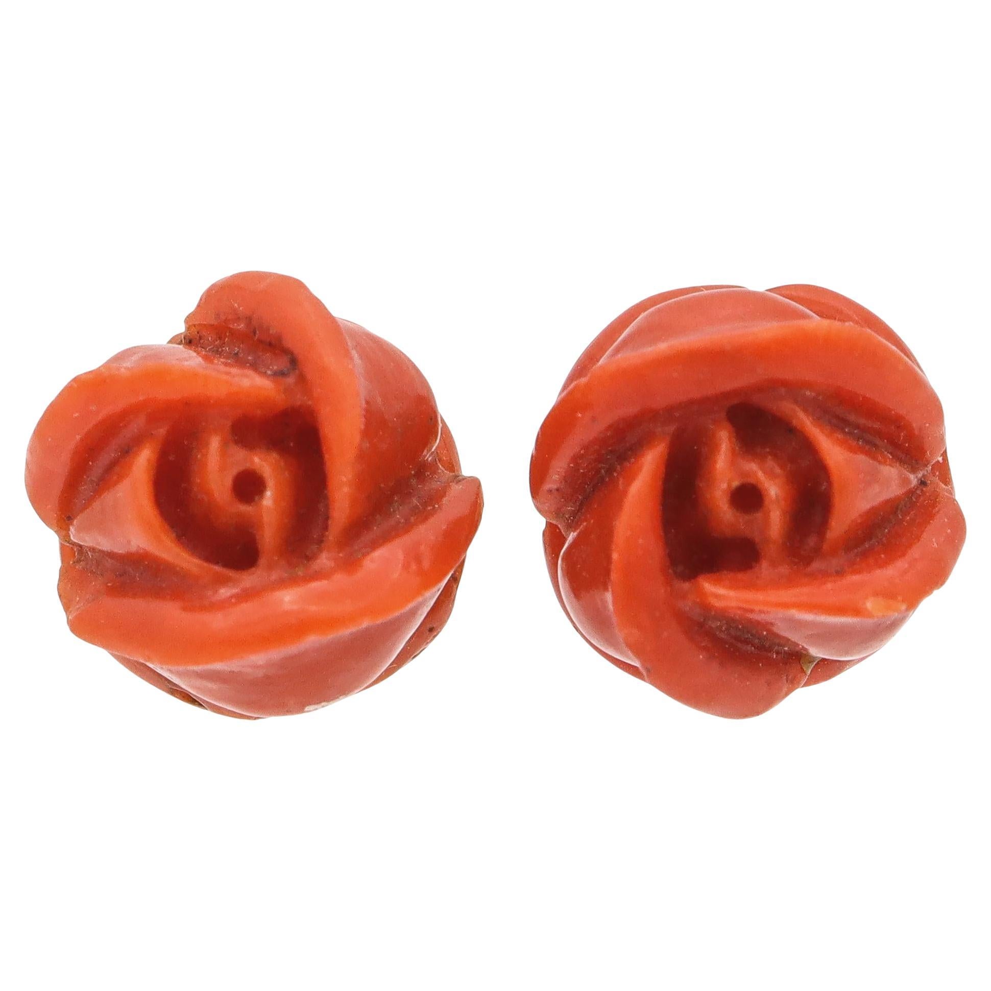 Vintage 18k Yellow Gold Hand Carved Coral Rose Stud Earrings