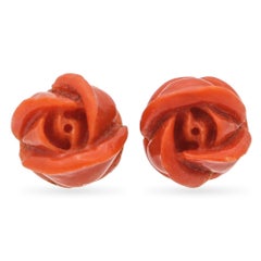 Vintage 18k Gelbgold Hand geschnitzt Coral Rose Ohrstecker