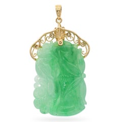 Vintage 18k Yellow Gold Hand Carved Jade & Diamond Bird Bamboo Pendant