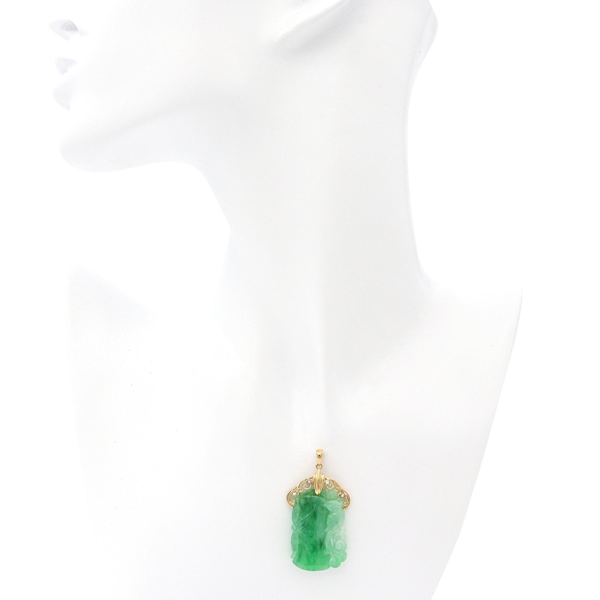 Round Cut Vintage 18k Yellow Gold Hand Carved Jade & Diamond Bird Bamboo Pendant For Sale