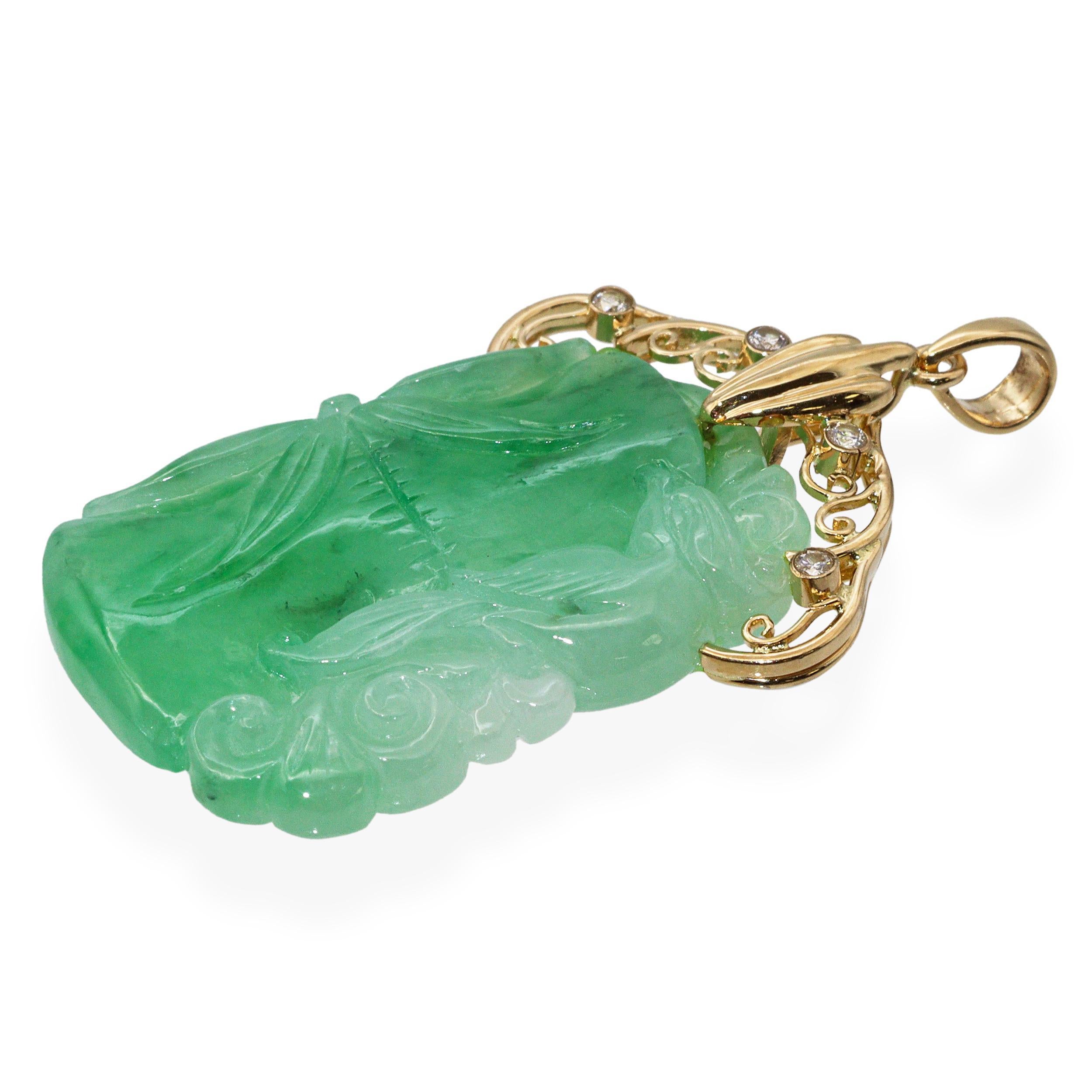 Women's Vintage 18k Yellow Gold Hand Carved Jade & Diamond Bird Bamboo Pendant For Sale