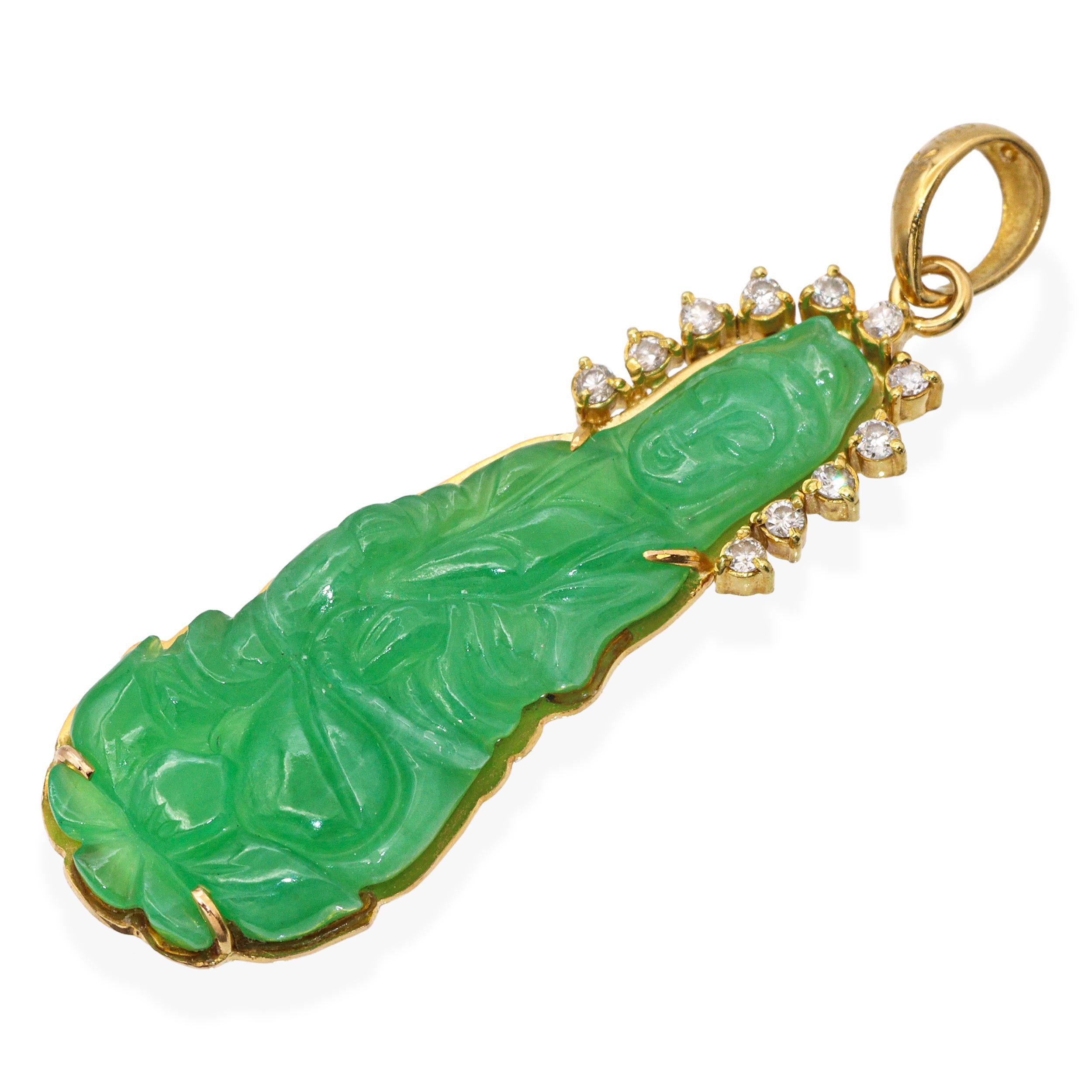 Radiating spiritual grace and refined luxury, this vintage pendant features a meticulously hand-carved jade depiction of Guanyin—the revered Buddhist goddess of mercy and compassion. The vibrant green jade figure is elegantly cradled in a solid 18K
