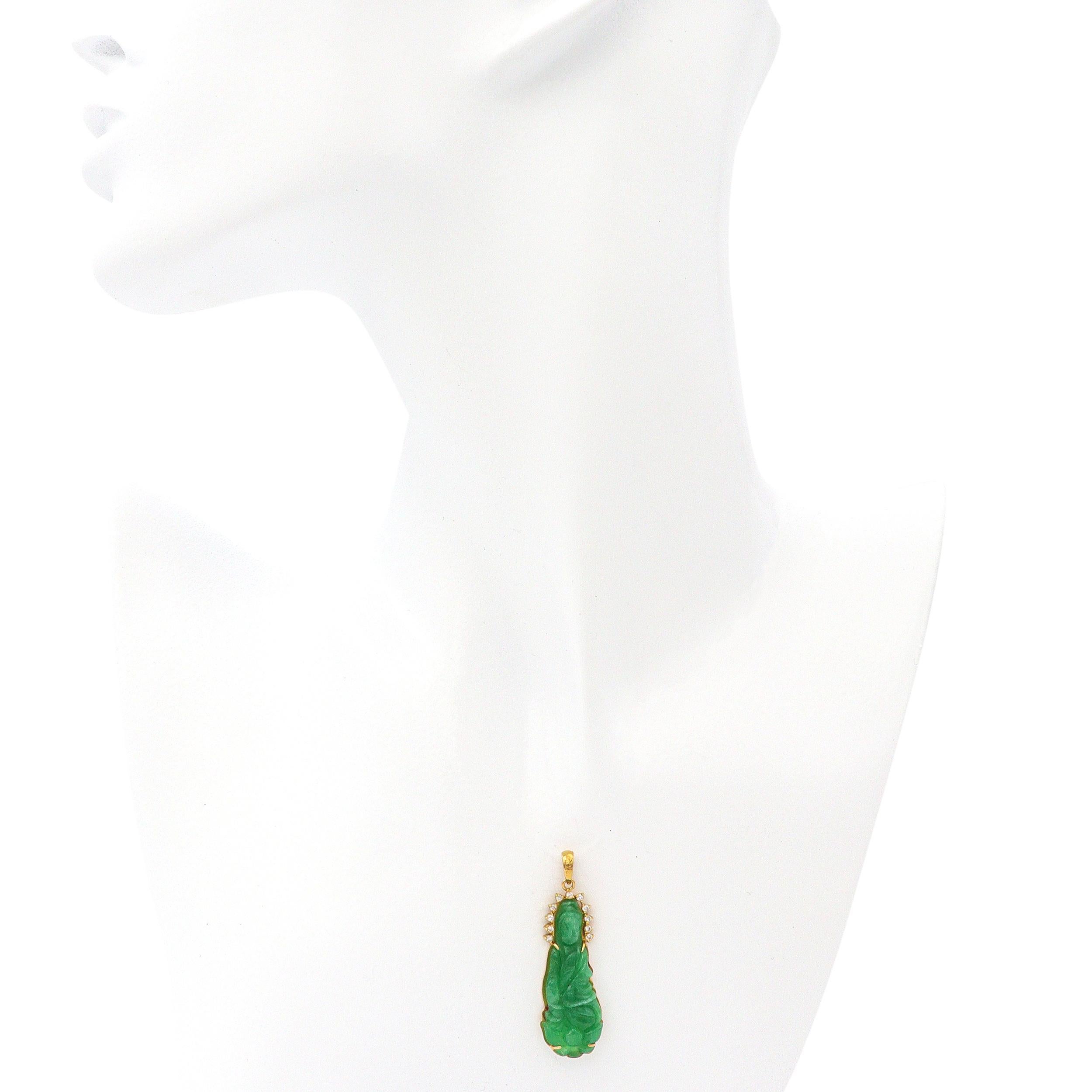 Round Cut Vintage 18k Yellow Gold Hand Carved Jade & Diamond Guanyin Goddess Pendant For Sale