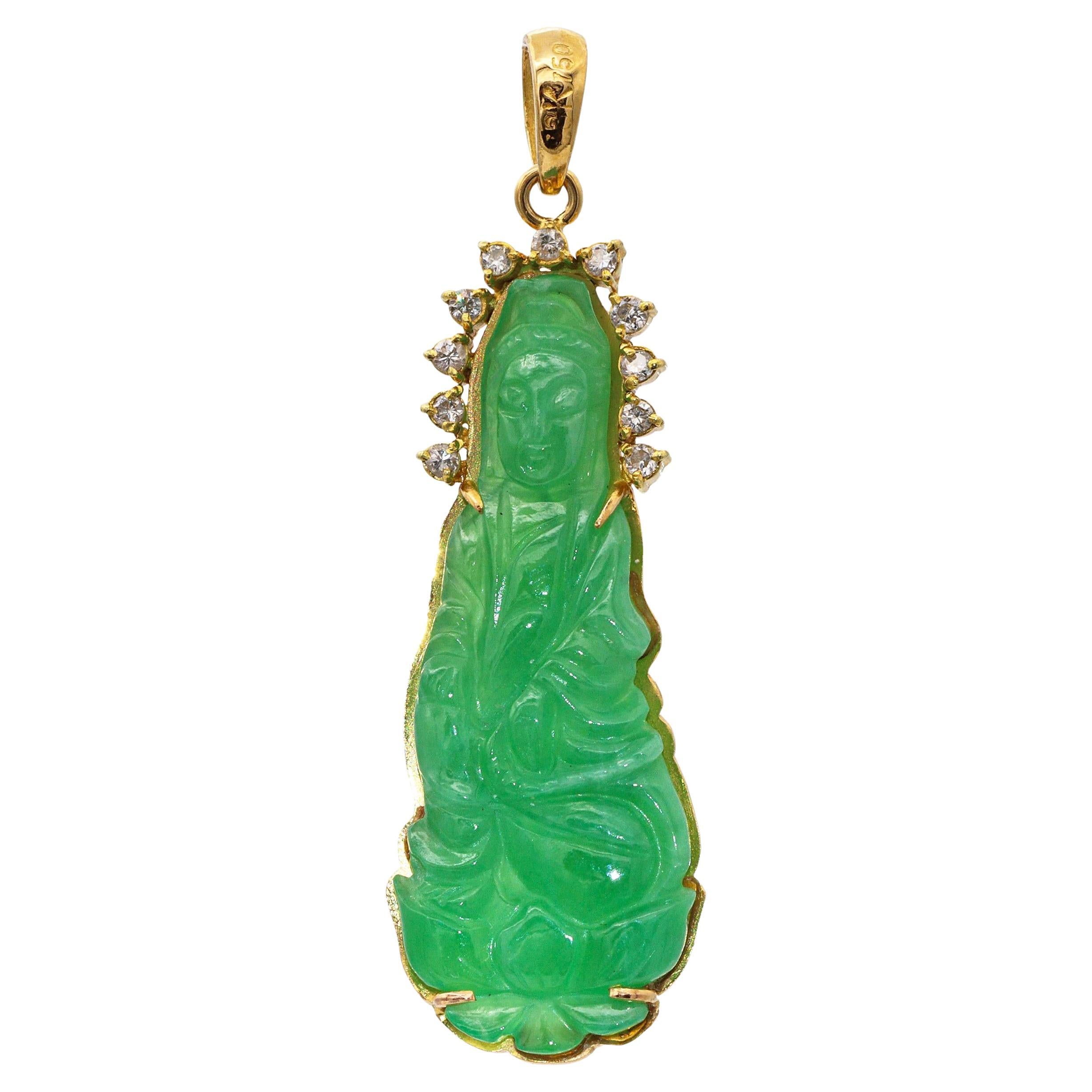 Vintage 18k Yellow Gold Hand Carved Jade & Diamond Guanyin Goddess Pendant