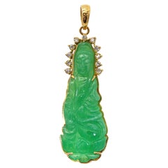 Vintage 18k Yellow Gold Hand Carved Jade & Diamond Guanyin Goddess Pendant